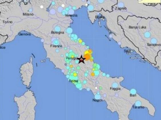 Vị trí trên bản đồ của vụ  động đất ở miền trung Italy hôm 30/10. Ảnh Independent